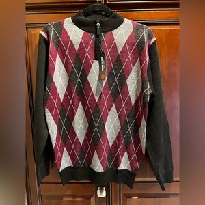 NWT Swiss Cross Argyle - Maroon Gray Black 1/4 Zip Sweater - XL